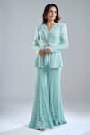 Ritika Mirchandani_Blue Embroidery Leaf Neck Aqua Blazer And Gharara Set _Online_at_Aza_Fashions