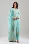 Buy_Anamika Khanna_Blue Embroidery, Metallic Thread, Sequins, Zari Round Neck Sky Kurta Set _at_Aza_Fashions
