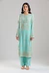 Shop_Anamika Khanna_Blue Embroidery, Metallic Thread, Sequins, Zari Round Neck Sky Kurta Set _Online_at_Aza_Fashions