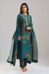 Buy_Anamika Khanna_Blue Beads, Embroidery Round Neck Midnight Printed Kurta Set