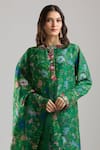 Anamika Khanna_Emerald Green Beads, Foil Printing Mandarin Collar Printed Kurta Set_at_Aza_Fashions