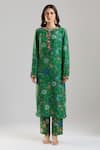 Buy_Anamika Khanna_Emerald Green Beads, Foil Printing Mandarin Collar Printed Kurta Set