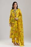 Buy_Anamika Khanna_Yellow Beads Round Neck Mustard Printed Kurta Set _at_Aza_Fashions