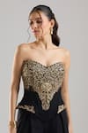 Buy_Tarun Tahiliani_Black Embroidery, Zari Sweetheart Neck Peplum Corset Trouser Set 