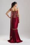 Shop_Tarun Tahiliani_Wine Satin Embroidery, Metallic Thread, Zari, Pre-draped Saree With Corset _at_Aza_Fashions