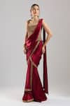 Buy_Tarun Tahiliani_Wine Satin Embroidery, Metallic Thread, Zari, Pre-draped Saree With Corset _at_Aza_Fashions