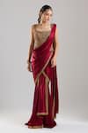 Buy_Tarun Tahiliani_Wine Satin Embroidery, Metallic Thread, Zari, Pre-draped Saree With Corset _Online_at_Aza_Fashions