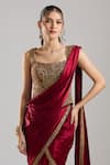 Shop_Tarun Tahiliani_Wine Satin Embroidery, Metallic Thread, Zari, Pre-draped Saree With Corset _Online_at_Aza_Fashions
