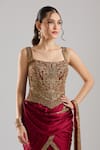 Buy_Tarun Tahiliani_Wine Satin Embroidery, Metallic Thread, Zari, Pre-draped Saree With Corset 