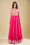Mishru_Fuchsia Embroidery Leaf Neck Stripe Lehenga Set _Online_at_Aza_Fashions