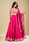 Shop_Mishru_Fuchsia Embroidery Leaf Neck Stripe Lehenga Set _Online_at_Aza_Fashions