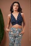 Ahi Clothing_Navy Crepe Crystals, Stones V-, Open Floral Print Jacket And Sharara Set _Online_at_Aza_Fashions