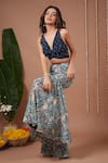 Buy_Ahi Clothing_Navy Crepe Crystals, Stones V-, Open Floral Print Jacket And Sharara Set _Online_at_Aza_Fashions