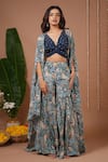 Shop_Ahi Clothing_Navy Crepe Crystals, Stones V-, Open Floral Print Jacket And Sharara Set _Online_at_Aza_Fashions