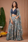 Buy_Ahi Clothing_Navy Crepe Crystals, Stones V-, Open Floral Print Jacket And Sharara Set _at_Aza_Fashions