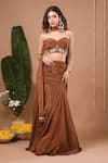 Buy_Ahi Clothing_Brown Crepe Sequins, Embroidery, Stones, Fabric Flowers Corset And Skirt Set _at_Aza_Fashions