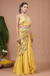 Ahi Clothing_Yellow Crepe Embroidery, Sequins Floral Pattern Pre-draped Saree And Blouse Set _Online_at_Aza_Fashions