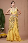 Buy_Ahi Clothing_Yellow Crepe Embroidery, Sequins Floral Pattern Pre-draped Saree And Blouse Set _at_Aza_Fashions