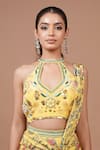 Ahi Clothing_Yellow Crepe Embroidery, Sequins Floral Pattern Pre-draped Saree And Blouse Set _at_Aza_Fashions