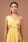 Ahi Clothing_Yellow Crepe One Shoulder Floral Pattern Pre-draped Saree And Blouse Set _Online_at_Aza_Fashions