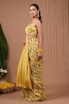 Ahi Clothing_Yellow Crepe One Shoulder Floral Pattern Pre-draped Saree And Blouse Set _at_Aza_Fashions