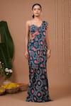 Ahi Clothing_Teal Crepe Tassels, Mirrors Flower Pattern Pre-draped Saree And Blouse Set _Online_at_Aza_Fashions