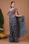 Buy_Ahi Clothing_Teal Crepe Tassels, Mirrors Flower Pattern Pre-draped Saree And Blouse Set _Online_at_Aza_Fashions