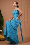 Ahi Clothing_Aqua Crepe Mirrors, Embroidery, Zari Cowl Neck Floral Pattern Tunic And Pant Set _Online_at_Aza_Fashions