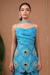 Buy_Ahi Clothing_Aqua Crepe Mirrors, Embroidery, Zari Cowl Neck Floral Pattern Tunic And Pant Set 