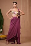 Buy_Ahi Clothing_Purple Crepe, Organza Embroidery Pre-draped Saree And Floral Pattern Blouse Set _at_Aza_Fashions