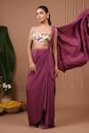 Buy_Ahi Clothing_Purple Crepe, Organza Embroidery Pre-draped Saree And Floral Pattern Blouse Set 