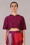Clos_Wine Dupion, Silk Split V-neck Vista Top With Abstract Pattern Skirt _Online_at_Aza_Fashions