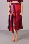 Shop_Clos_Wine Dupion, Silk Split V-neck Vista Top With Abstract Pattern Skirt _Online_at_Aza_Fashions