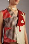 Clos_Multi Color Dupion, Silk V-neck Floro Crimson Red Jacket Set _Online_at_Aza_Fashions