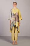 Buy_Clos_Yellow Dupion, Silk V-, Square Whorl Abstract Pattern Jacket And Pant Set _at_Aza_Fashions