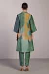 Shop_Clos_Green Dupion, Silk V-neck, Collared Patch Abstract Pattern Jacket And Pant Set _at_Aza_Fashions