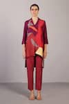 Buy_Clos_Wine Dupion, Silk Collared, V-neck Blaze Abstract Pattern Shirt With Pant _at_Aza_Fashions