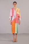 Buy_Clos_Multi Color Dupion, Silk V-neck Blaze Abstract Pattern Dress _at_Aza_Fashions
