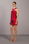 Clos_Red Silk, Dupion Halter Neck Color Block Jumpsuit _Online_at_Aza_Fashions