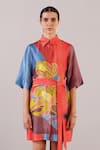 Clos_Multi Color Dupion, Silk Collared Abstract Pattern Dress _at_Aza_Fashions
