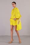 Shop_Clos_Yellow Dupion, Silk Collared Stria Pattern Kaftan With Shorts _at_Aza_Fashions
