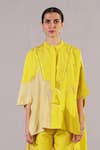 Shop_Clos_Yellow Dupion, Silk Mandarin Collar Stria Pattern Kaftan With Pant _Online_at_Aza_Fashions