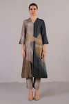 Buy_Clos_Gray Dupion, Silk V-neck Botanica Pattern Kurta With Pant _at_Aza_Fashions