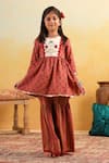 Buy_Cute Couture_Peach Cotton Embroidery, Lace Floral Pattern Kurta With Sharara _at_Aza_Fashions