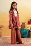 Shop_Cute Couture_Peach Cotton Embroidery, Lace Floral Pattern Kurta With Sharara _Online_at_Aza_Fashions