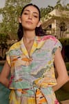 House Of Eda_Yellow Linen Sequins, Embroidery Lucille Landscape Print Top With Shorts _Online_at_Aza_Fashions