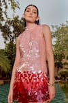 House Of Eda_Pink Nylon Sequins High Neck Dylyn Embellished Dress _Online_at_Aza_Fashions