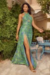 Shop_House Of Eda_Green Viscose Halter Neck Alma Printed Dress _Online_at_Aza_Fashions