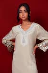 Label Niyami_Ivory Tissue Embroidery, Mirrors V-neck Hand Kaftan _Online_at_Aza_Fashions