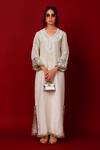 Shop_Label Niyami_Ivory Tissue Embroidery, Mirrors V-neck Hand Kaftan _at_Aza_Fashions